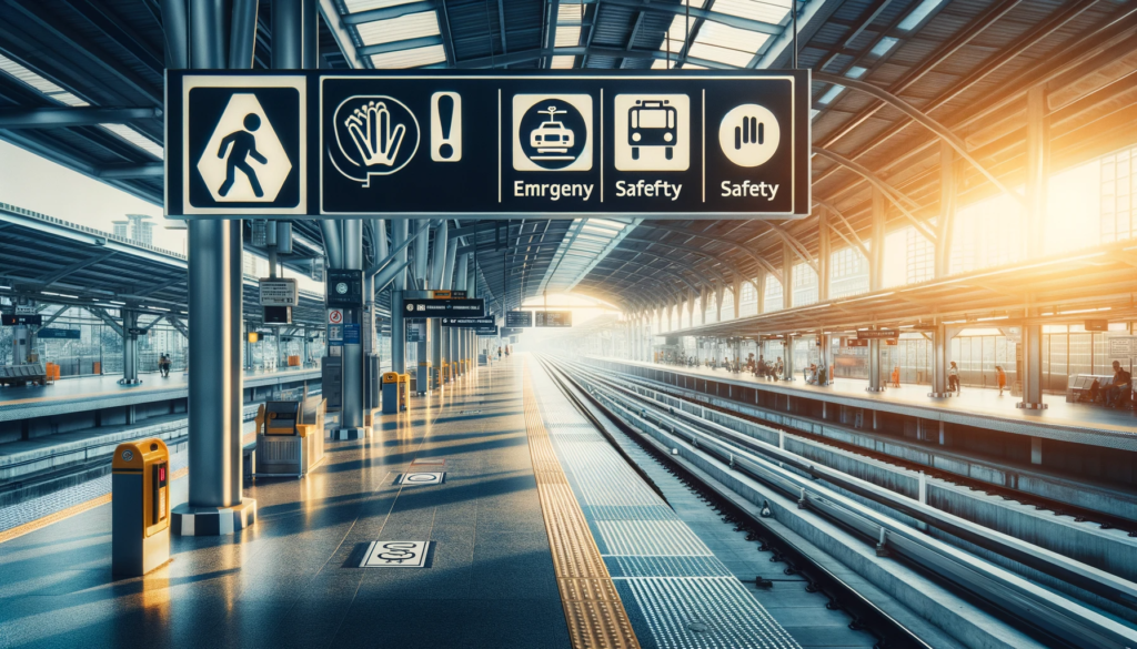 鉄道駅の安全に関するブログ記事に適したアイキャッチ画像です。画像には、非常停止ボタンや注意標識などの安全サインが含まれており、公共交通機関における安全対策の重要性を強調しています。