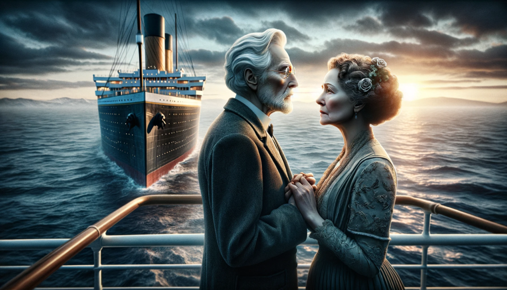 画像には、イジドーとアイダ・ストラウスを彷彿とさせる年配の夫婦が、タイタニック号の甲板に一緒に立っている様子が描かれています。このシーンは、彼らの深い愛情と決意を捉えており、二人の愛を象徴しています。